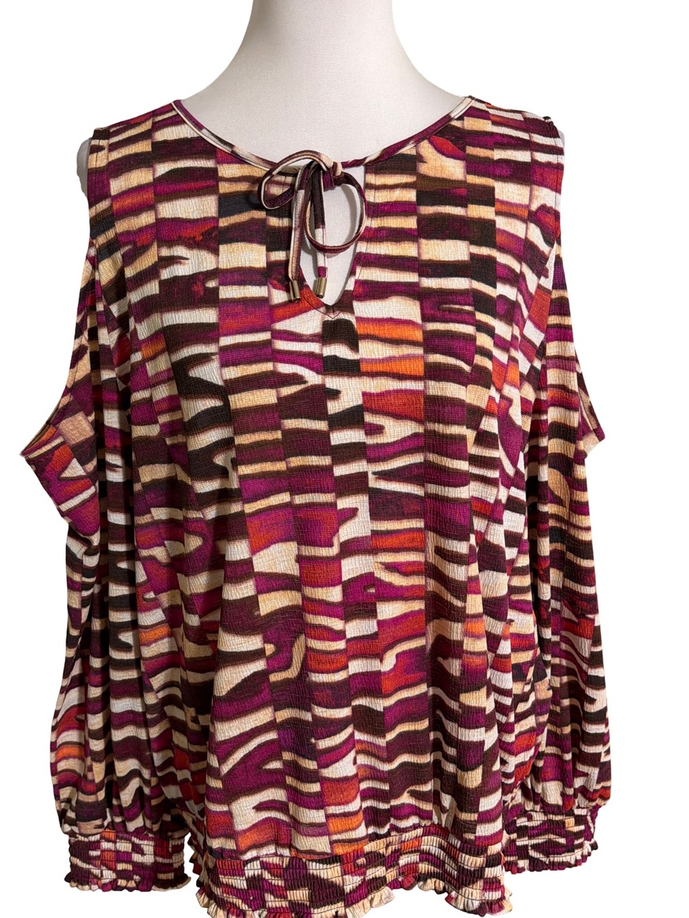 INC International Concepts Burgundy Geometric Cold Shoulder Blouse
